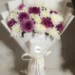 Purple and white chrysanthemum bouquet wrapped in white paper with ribbon – Lahore Blooms