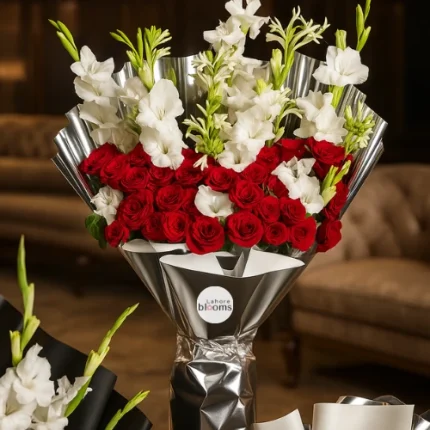Large red roses and white gladiolus bouquet in metallic silver wrapping – Lahore Blooms