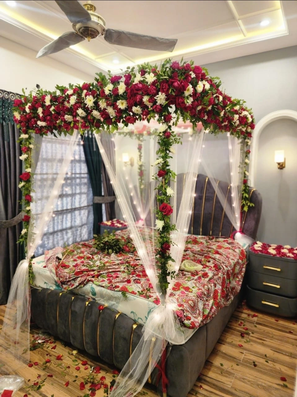 Red & White Canopy + Petals Bed