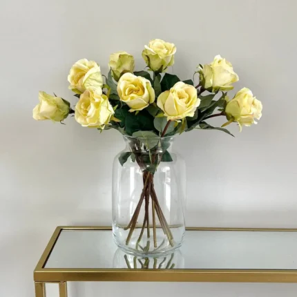 Artificial Roses in Glass Vase – Cream Silk Rose Home Décor Arrangement