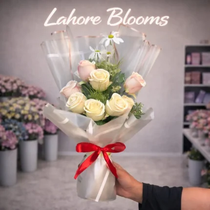 Artificial Rose Bouquet in Lahore – White & Pink Silk Flower Bouquet