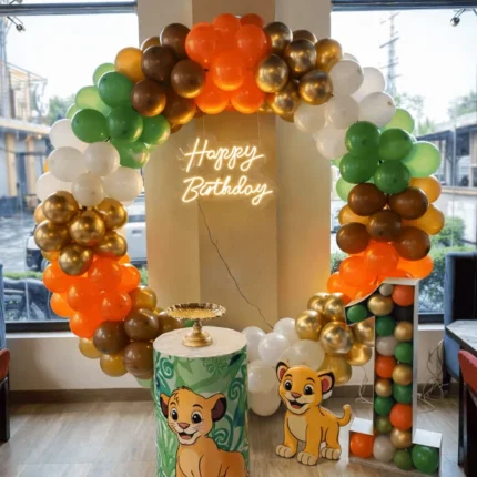 Lion King Birthday Decoration Setup – Simba Theme Balloon Arch, Neon Sign & Cake Table