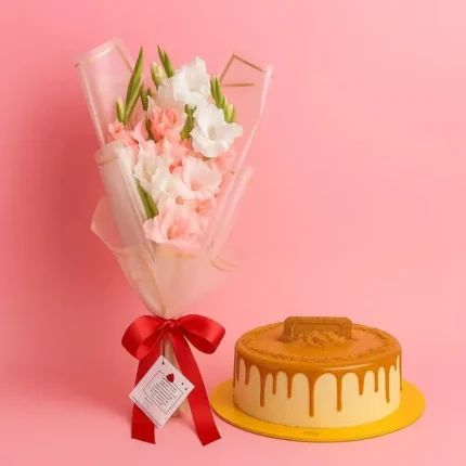 Pink Gladiolus Bouquet with Caramel Cake – Fresh Flowers & Cake Gift Combo