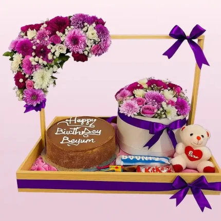 Birthday Gift Tray – Fresh Flowers, Custom Cake, Teddy Bear & Chocolates