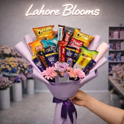 Snacks & Chocolate Bouquet – Cheetos, Lays, Dairy Milk & Pink Flowers
