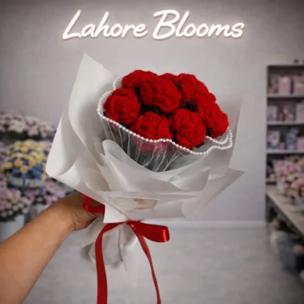 Red Crochet Rose Bouquet – Handmade Forever Flowers in White Wrapping