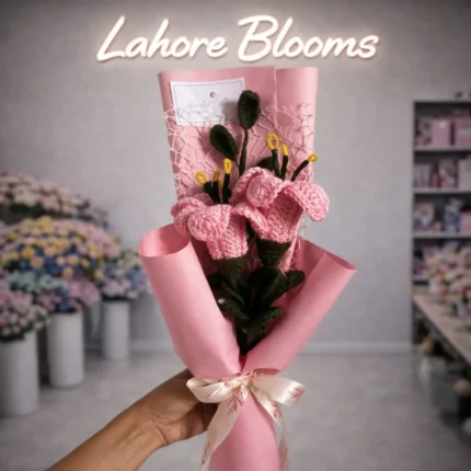 Pink Crochet Lily Bouquet – Handmade Forever Flower in Pink Wrapping