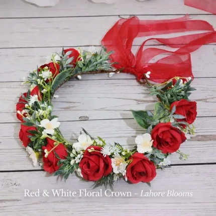 Red & White Floral Crown – Fresh Roses, Daisies & Organza Ribbon