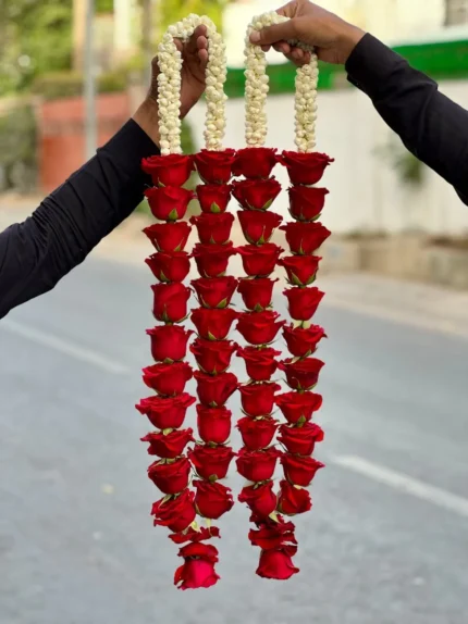 Red Rose Nikkah Garland – Fresh Flower Haar Pair for Barat & Wedding Ceremony