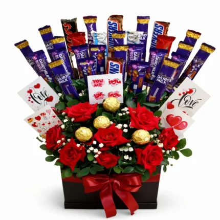 Chocolate Gift Box with Red Roses – Ferrero Rocher, Dairy Milk & KitKat Love Arrangement