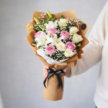 imported roses lily gypsophila bouquet in lahore luxury flower arrangement