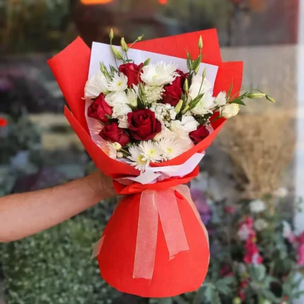 red rose and white lily bouquet in lahore premium red wrapping