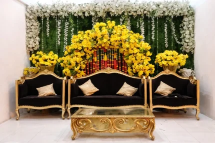 Premium mayon stage decoration in Lahore with floral backdrop and elegant seating