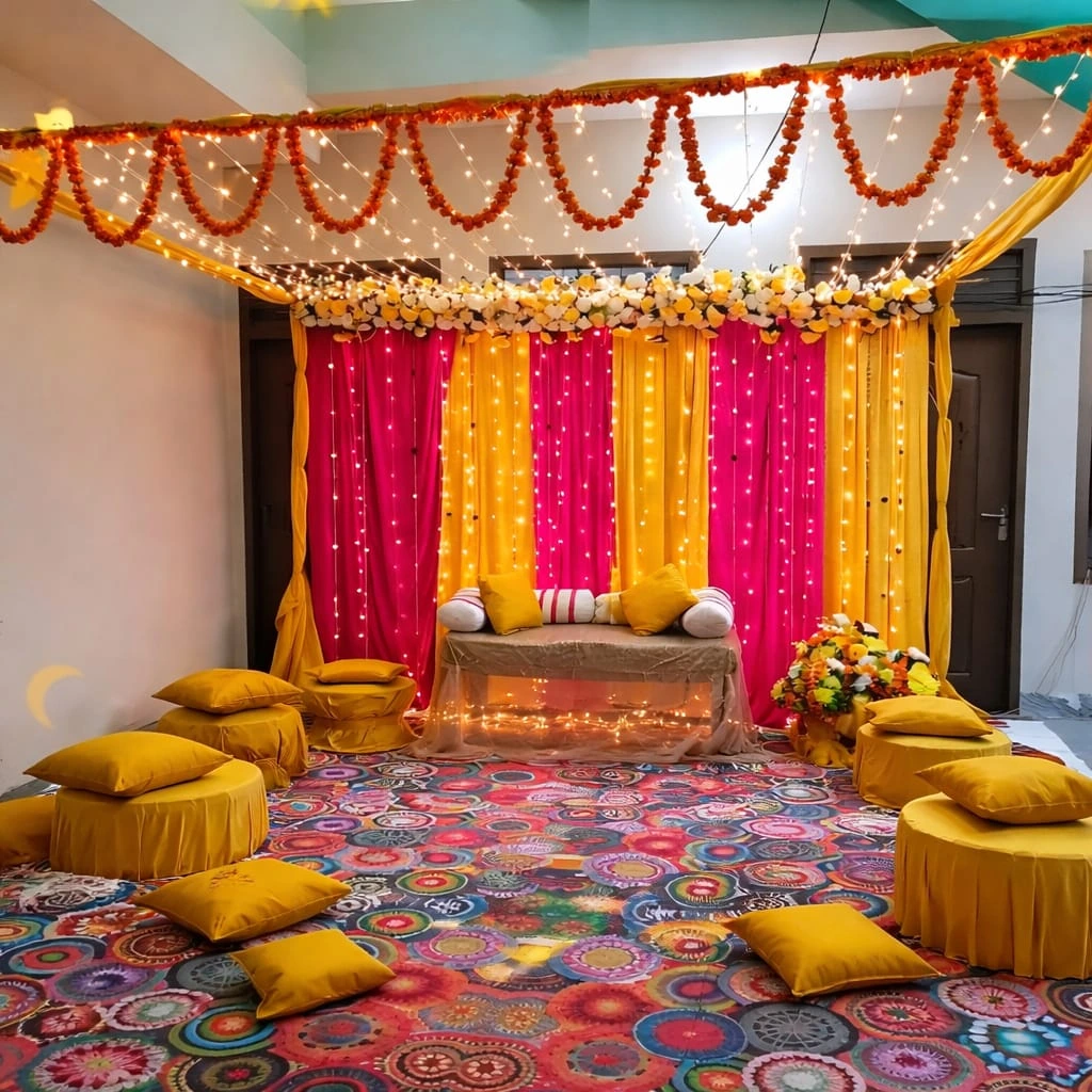 mehndi decoration2 Budget indoor mehndi decoration in Lahore with colorful backdrop and floor seating