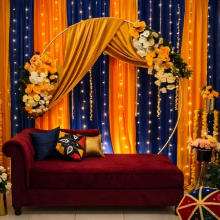 Simple mehndi stage decoration in Lahore with round ring backdrop and yellow drapes