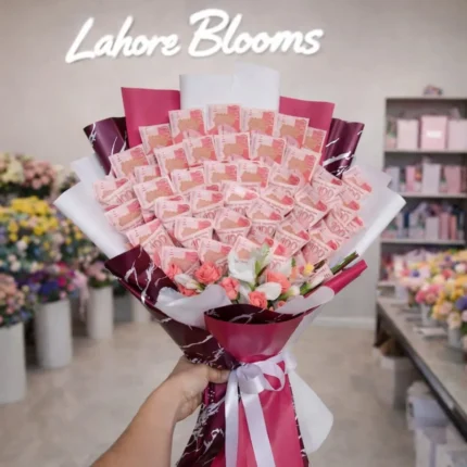 100 Rupee Note Money Bouquet with Red Roses – Black Matte Wrapped