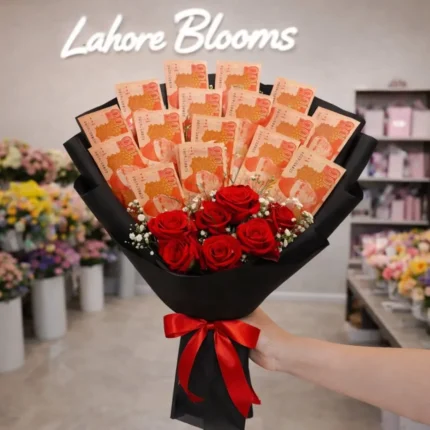 Cash Bouquet with Red Roses – Black Matte Wrapped Money Gift