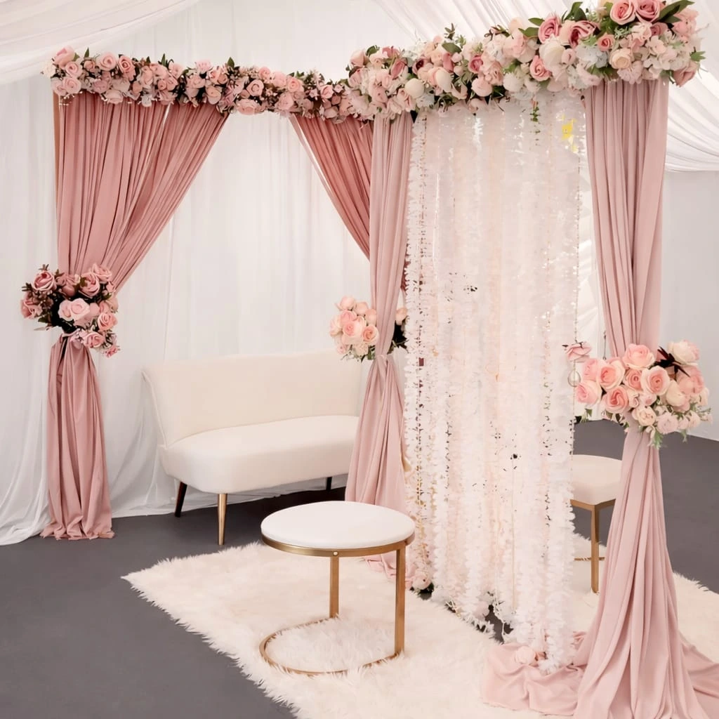 nikah decoration Blush pink nikah stage decoration with floral top border, side drapes and hanging floral backdrop in Lahore