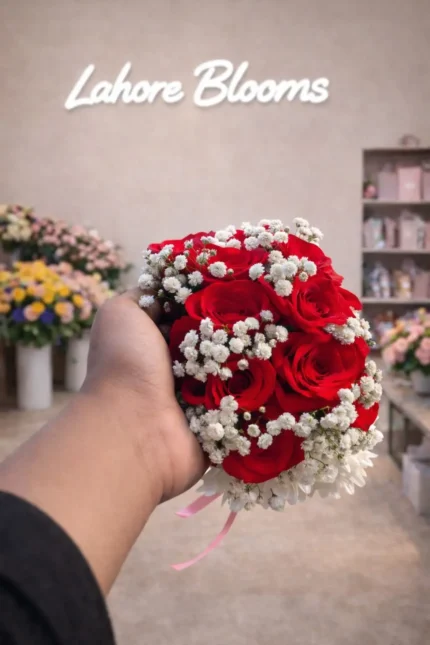 Red Roses & Baby's Breath Bouquet – Fresh Romantic Round Bouquet