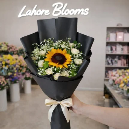 Single Sunflower & White Roses Bouquet – Black Matte Wrapped