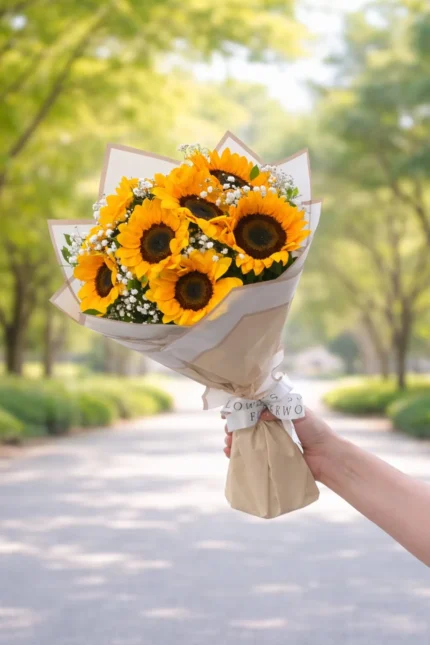 Fresh Sunflower Bouquet Gift – Kraft Wrapped with Lace Ribbon