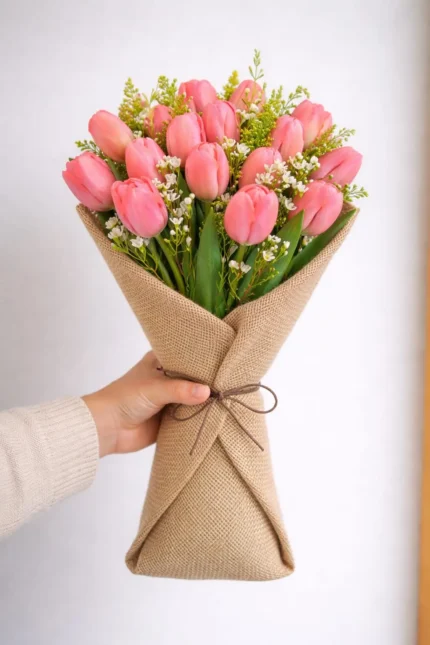 Pink Tulip Bouquet – Rustic Jute Wrapped Fresh Flower Bouquet