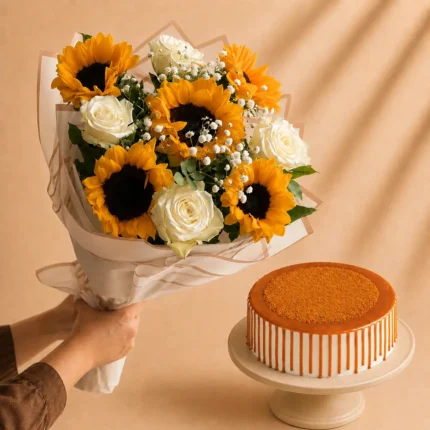 Golden Bloom Flower & Cake Combo
