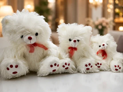 Fluffy White Teddy Bear with Red Bow – 40cm, 50cm & 60cm