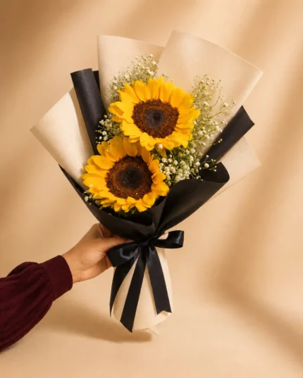 Golden Duo – Two Sunflowers with Baby’s Breath