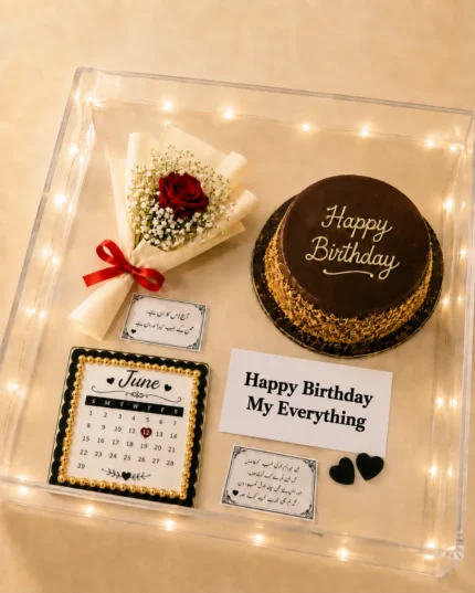 Clear acrylic birthday gift box with chocolate cake, red rose mini bouquet, fairy lights, calendar card and personalized birthday messages