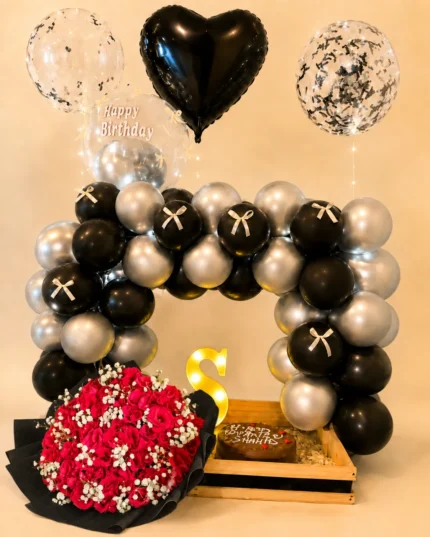 Black and silver birthday balloon basket with cake, red rose bouquet, Happy Birthday bubble balloon and wooden gift tray