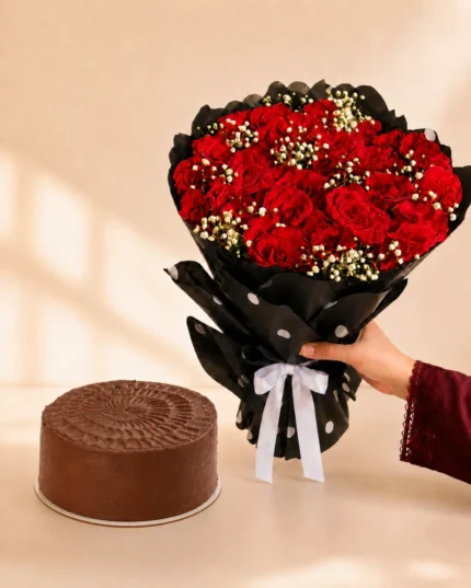 Crimson Duet – Red Rose Bouquet & Chocolate Cake Combo