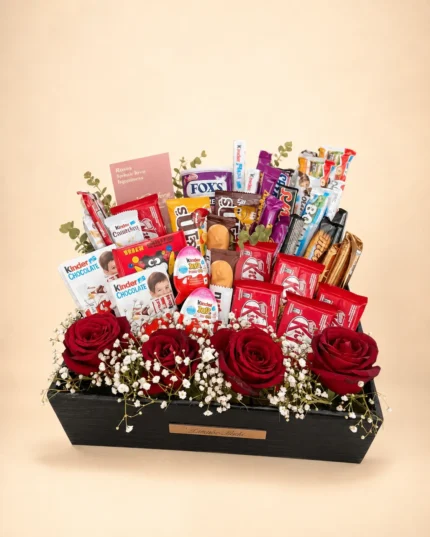 Crimson Feast chocolate gift box with red roses, Kinder, KitKat, M&M’s and assorted chocolates in Lahore