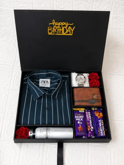 Black birthday gift box for him with striped shirt, wristwatch, wallet, body spray, Dairy Milk chocolates and red roses