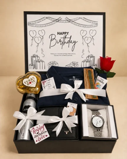 Premium birthday gift hamper for him with navy shirt, wristwatch, wallet, body spray, chocolates, red rose and Happy Birthday display