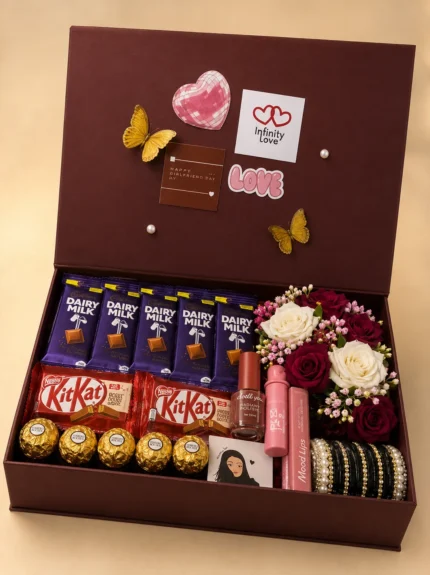 Luxury gift box for her with Dairy Milk, KitKat, Ferrero Rocher, red and white roses, cosmetics, black bangles and romantic decorations