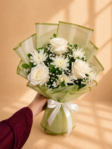 Olive Mist white rose and chrysanthemum bouquet with baby's breath in green wrap by Lahore Blooms