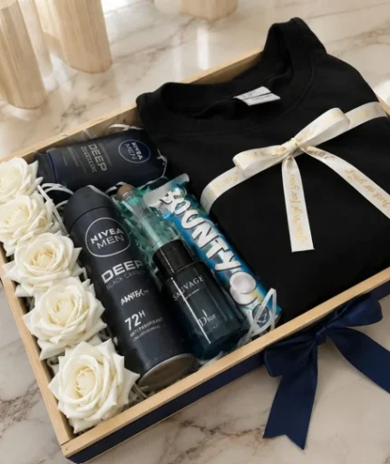 Wooden birthday gift box for him with black shirt, men's fragrance, Nivea Men grooming products, Bounty chocolate and white roses