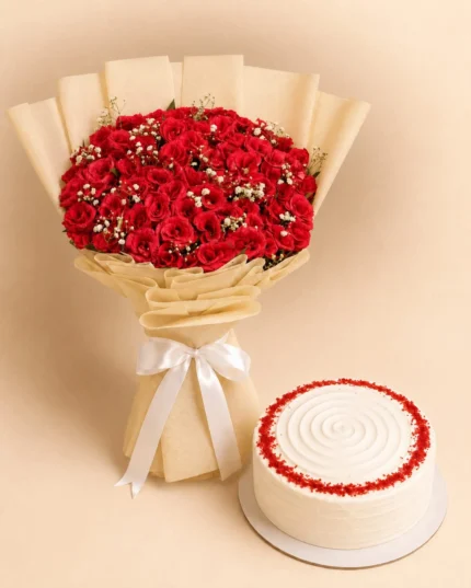 Velvet Duet Red Rose Bouquet and Red Velvet Cake Combo