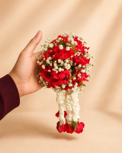 Gulnaar Fresh Flower Gajray with Red Roses and Motiya