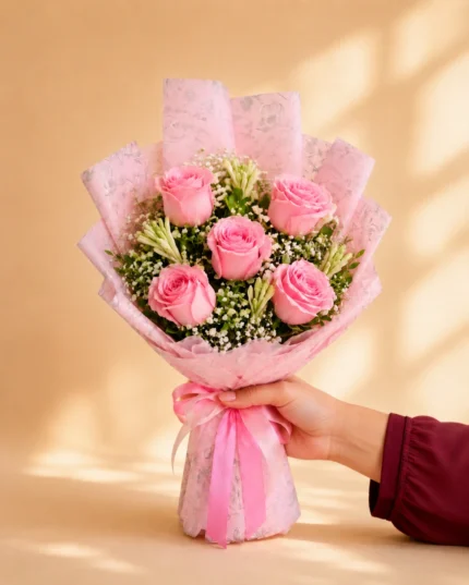 Pink Muse pink rose birthday bouquet with tuberose and baby’s breath in Lahore