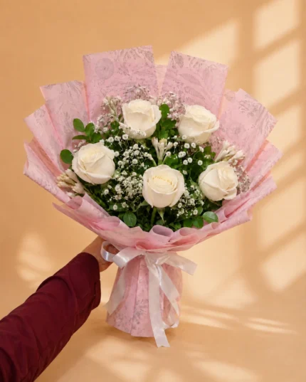 Moon Blush white rose bouquet with tuberose and baby’s breath in Lahore