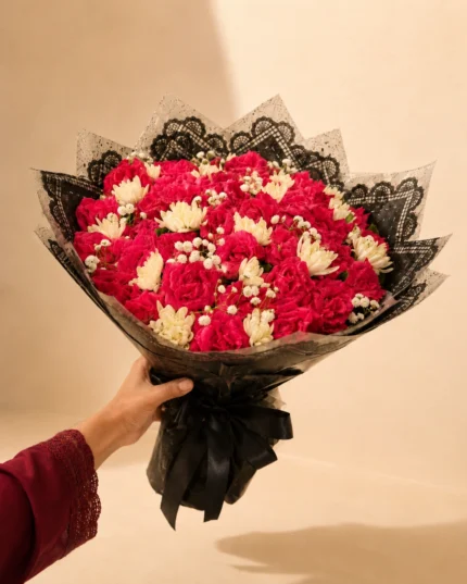 Ruby Lace – Red Rose and White Tuberose Bouquet