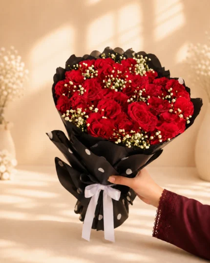 Crimson Blush fresh red rose bouquet with baby’s breath in black polka-dot wrapping