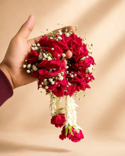 Rosefall red rose gajray with baby’s breath and hanging white tuberose strands