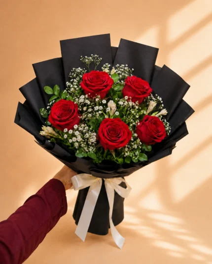Scarlet Vow red rose anniversary bouquet with tuberose and baby’s breath in Lahore