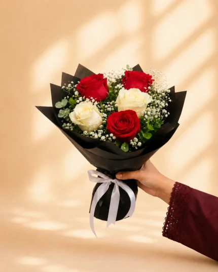 Silk Ember red and white rose bouquet with baby’s breath in Lahore
