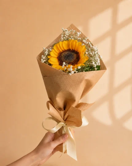 Golden Whisper single sunflower bouquet with baby’s breath in Lahore