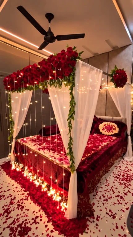 Fresh red-and-white canopy flowers, white drapes and warm fairy lights above the bridal bed in a Lahore bridal bedroom