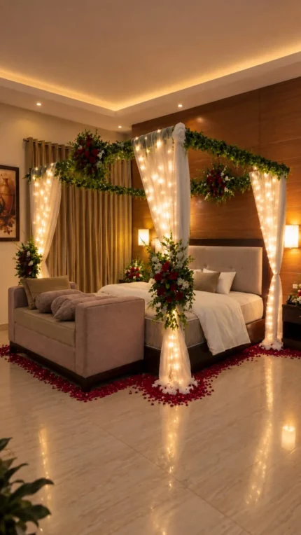 Fresh flowers and trailing greenery arranged across the canopy, accompanied by warm lights in a Lahore bridal bedroom